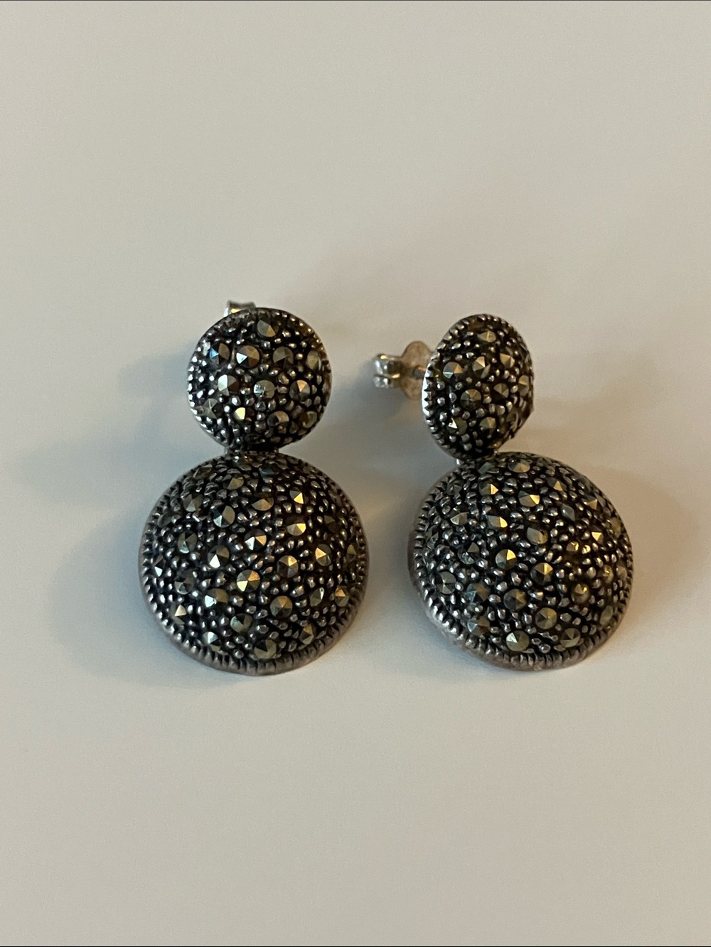 Sterling Silver Double-Drop Marcasite Stud Earrings - Black